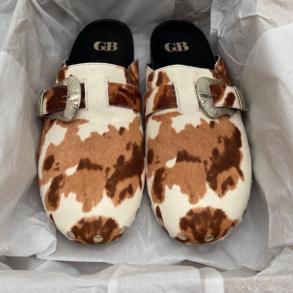 Gianni Bini Cow Print Hair Calf Western Buckle Clogs Mules Brown White 8.5M - Picture 5 of 9